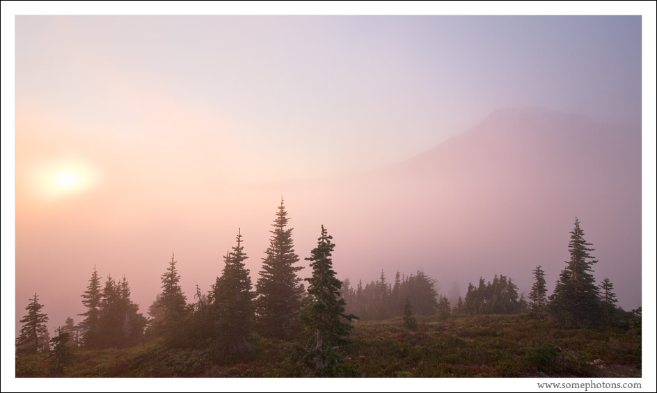 Sunset in the clouds, Mt Rainier National Park, Washington